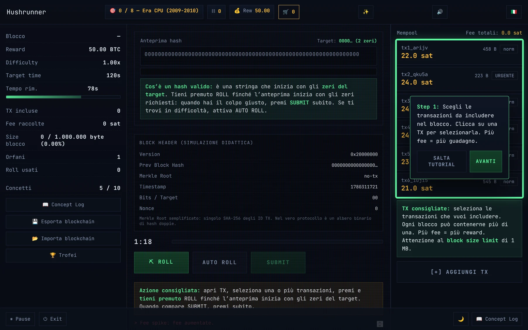 Gameplay Era CPU — block header, mempool, hash preview