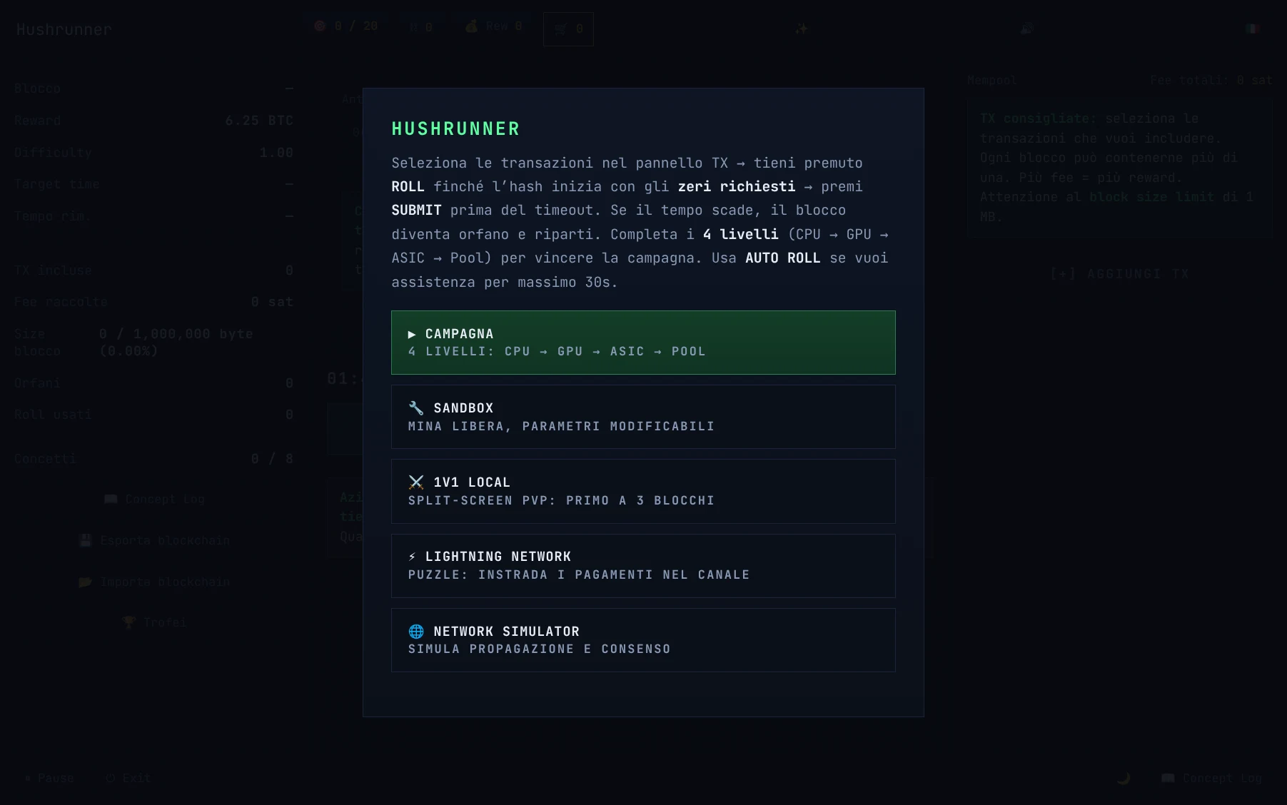 Schermata di selezione modalità — 5 modalità di gioco